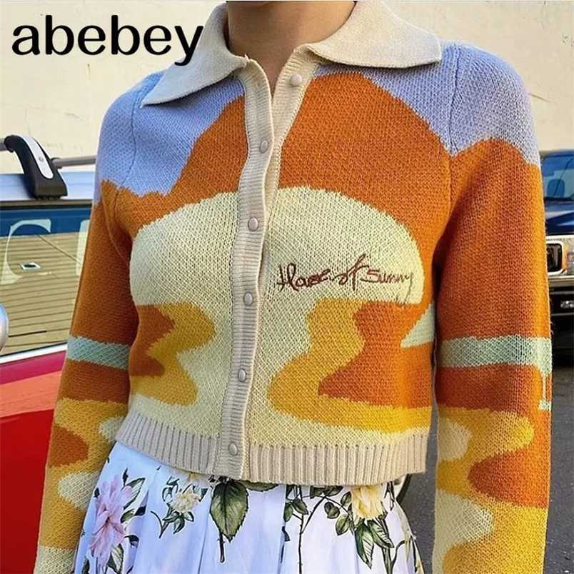 Letter Embroidery Harajuku Knitted Single Breasted Cropped Cardigan Women Autumn Long Sleeve Turn Down Collar Sweater Coat 211007