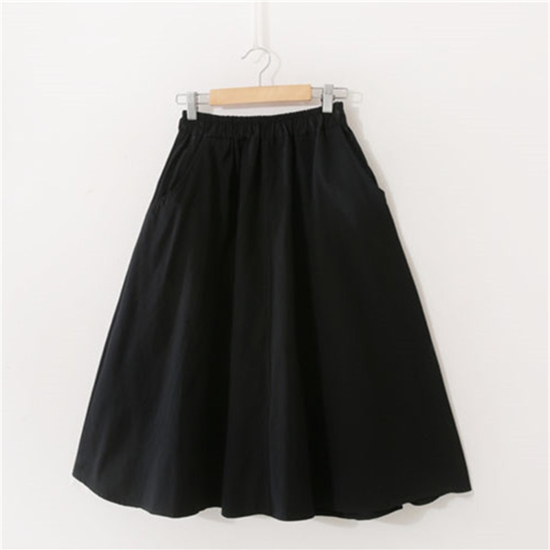 Spring Summer Solid Cotton Skirt Women Elastic High Waist Midi Skirts Femme With Pocket Simple Black Skirt Women Korean Skirt 210306
