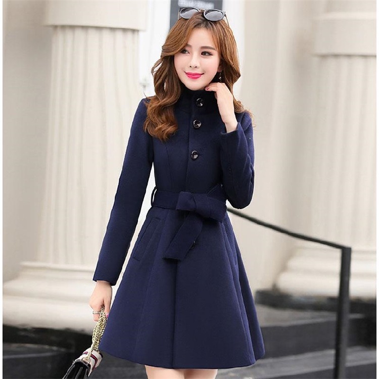 Women outerwear autumn winter New clothing Korea fashion belt warm woolen dress blends Slim female elegant woolen coat 899i 210218