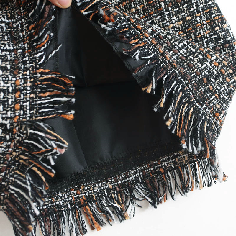 New Autumn Winter Women Woolen Mini Skirt In A Cage Vintage Plaid Tassel Package Hip Skater High Waist Lady Skirt SK5583 210306