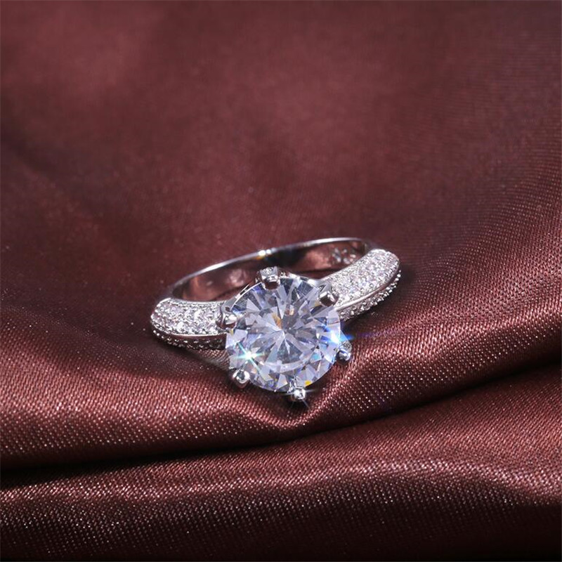 2021 New Arrival Classical Six Claw Fashion Jewelry 925 Sterling Silver Round Cut White Topaz Pave CZ Diamond Eternity Women Wedding Ring