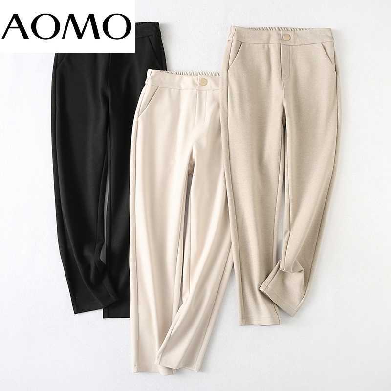 AOMO Winter Fashion Women Thick Warm Suit Pants Trousers Pockets Office Lady Elegant Pantalon YU145A 211115