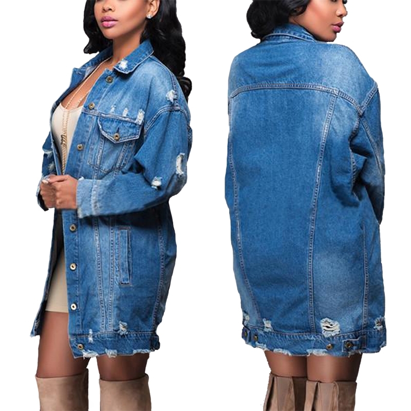 Loose Plus Size Jean Jacket Women Coat Denim Jackets Long Sleeve Hole Ripped Denim Outerwear Spring Casual Female Outwear T200319