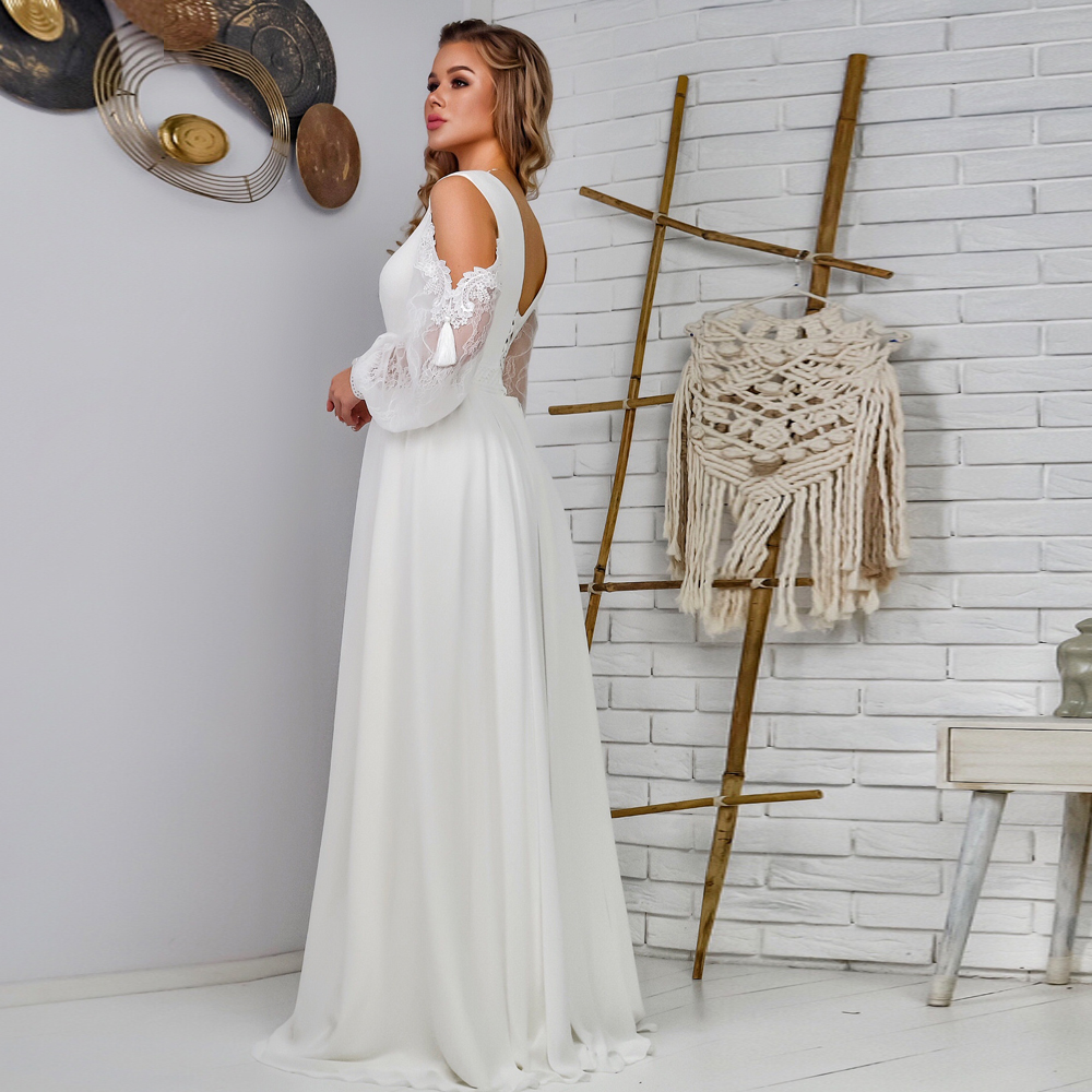 Boho Beach White Chiffon Wedding Dress A Line Lace long Sleeve Floor Length Bridal Gowns Low Back Plus Size Reception Wear
