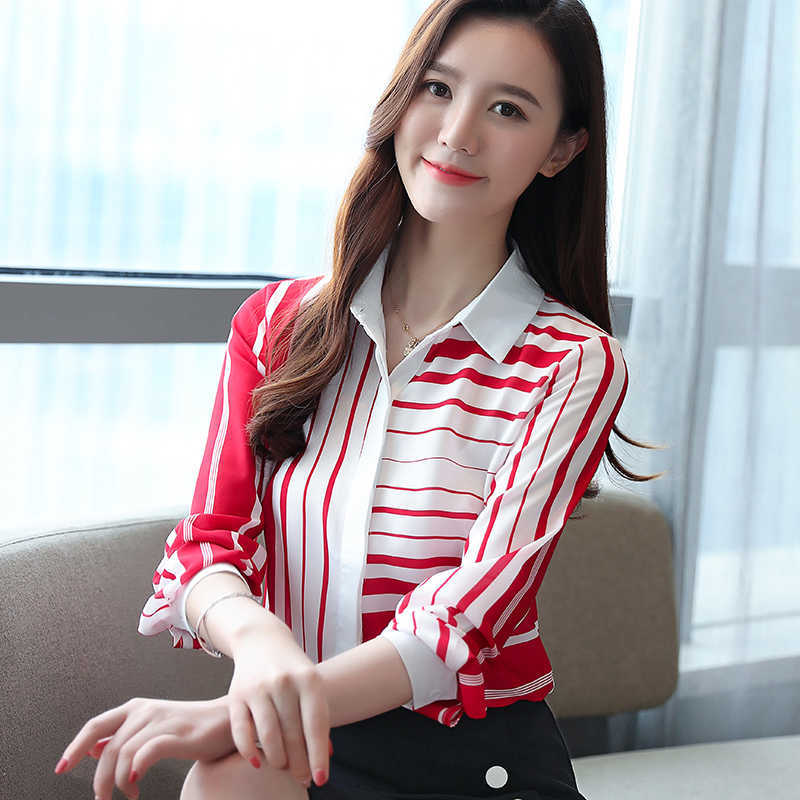 Korean Chiffon Women Shirts Long Sleeve Shirt Office Lady Striped Blouses Woman Blouse Tops Plus Size Blusas Mujer De Moda 210531