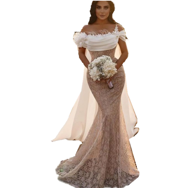 Stylish Off the Shoulder Feather Lace Mermaid wedding Dress with Long Cape Flowers Pearls Beaded Boho Beach Bridal Dresses Sexy Brides Wedding Gowns 2