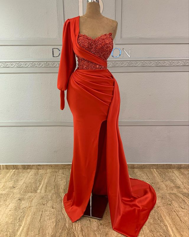 plus size arabic aso ebi red luxurious mermaid prom dresses lace beaded evening formal party second reception birthday engagement gowns dress zj220