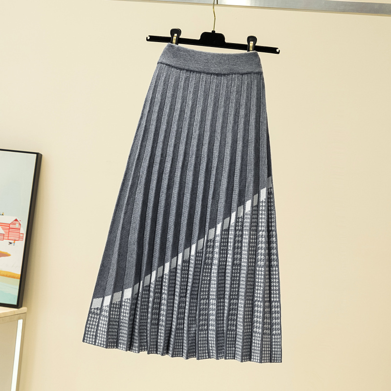 High Quality Women's Knitted Skirt Fall Winter Fashion Houndstooth Hit color Patchwork Skirt Pleated Thick Black Warm Skirts 210309