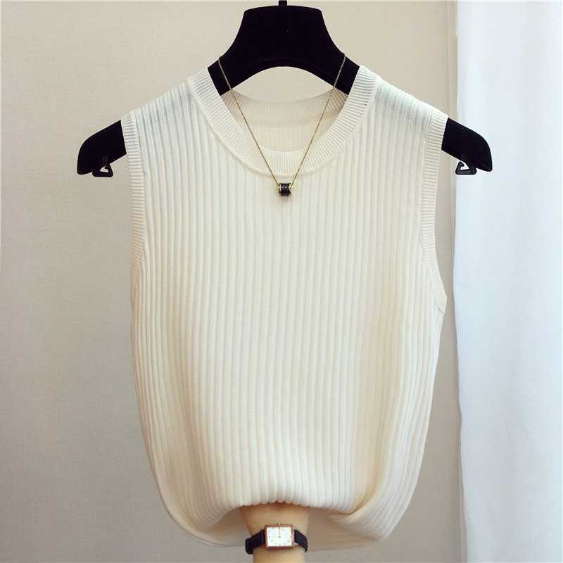 Ice Silk Knitted Vests Women Top O-neck Solid Tank Summer Fashion Female Sleeveless Casual Thin Tops White Black Tops 13687 210528wtt