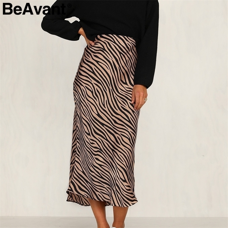 BeAvant Zebra stripe women midi skirt High waist straight animal print female bottom skirt Leisure party night club ladies skirt 210306
