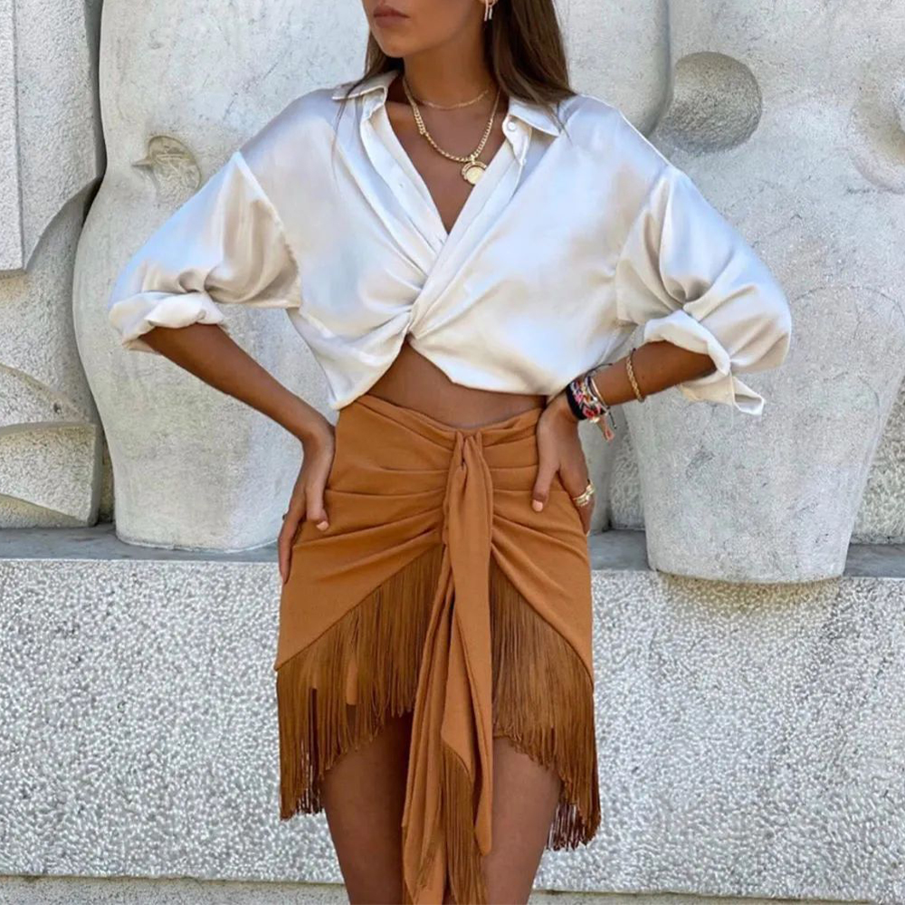 Women Skirt Fringed Highwaisted Mini Skirt Gathered detail Tassel Hem Back zip closure Casual Chic female skirts 210306