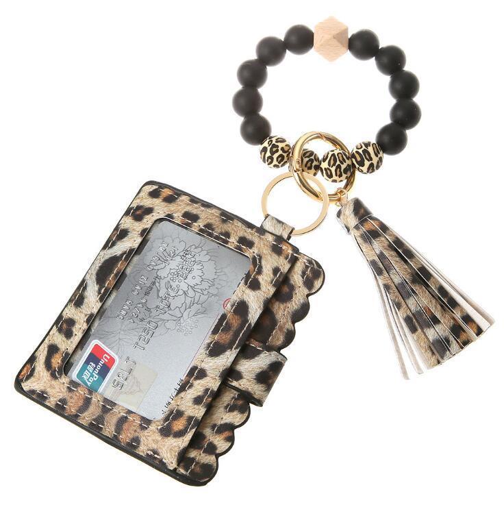 US Stock Fashion PU Leather Bracelet Wallet Keychain Party Favor Tassels Bangle Key Ring Holder Card Bag Silicone Beaded Wristlet Keychains Handbag
