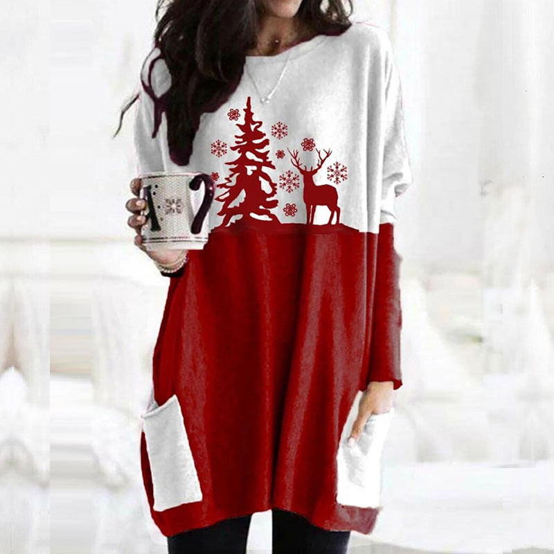 Christmas Mini dress Women Christmas Sweatshirt Warm Tops Long Sleeve Loose ONeck Jumper Top Winter Autumn Pullovers Plus Size 210303