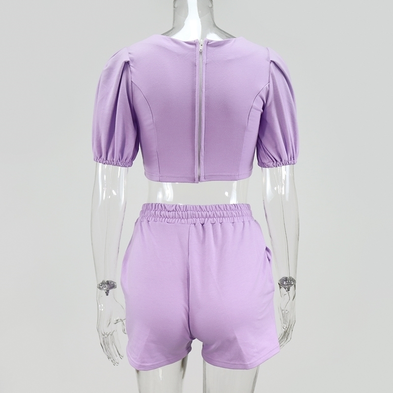 Asia Womens Loungewear Set Square Collar Short Puff Sleeve Crop Top Shorts Two Piece Set Summer Solid Color Casual Outfits 210707