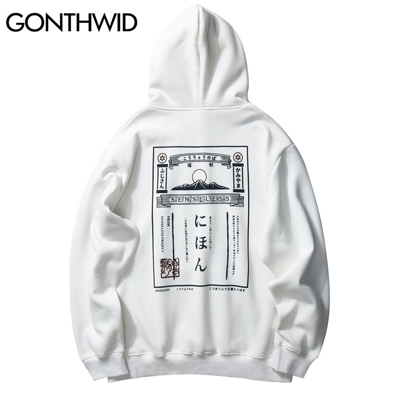 GONTHWID Harajuku Japanese Style Vintage Poster Print Fleece Hoodies Sweatshirts Streetwear Mens Hip Hop Casual Hooded Tops 201128