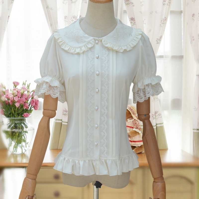 Sweet Lolita Shirt Short Puff Sleeve Flower Embroidered Peter Pan Collar White Ruffle Blouse for Ladies T200321
