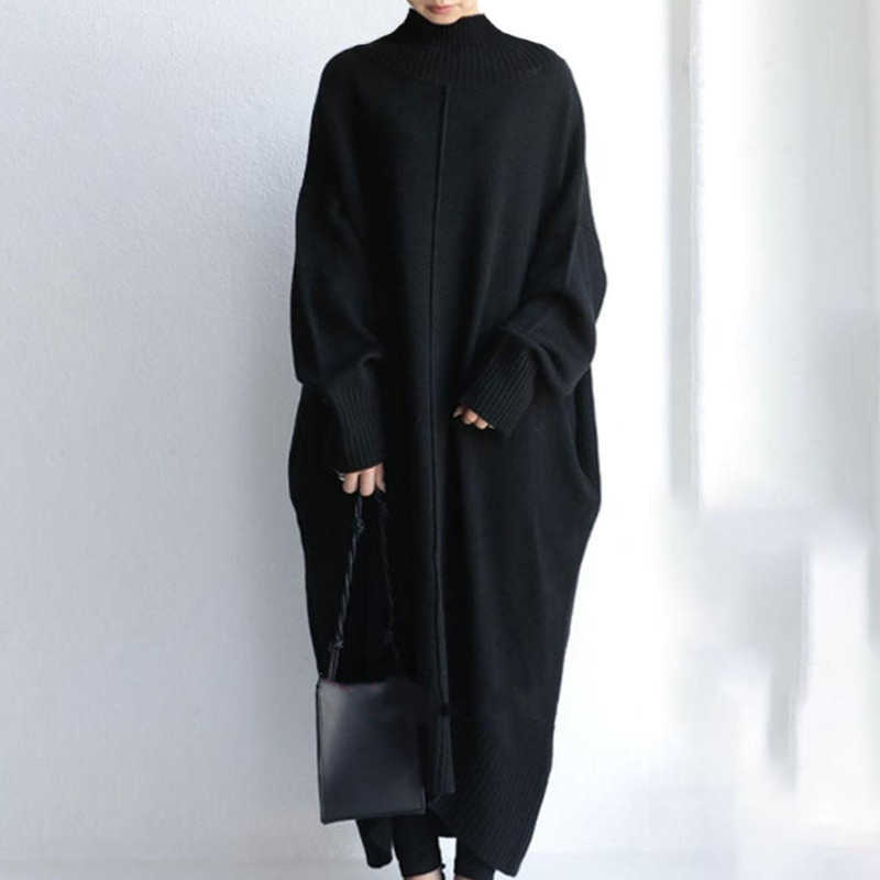 Japanese style black loose turtleneck clothes autumn and winter slimming soft large size warm kintted dresses 2A920 210526