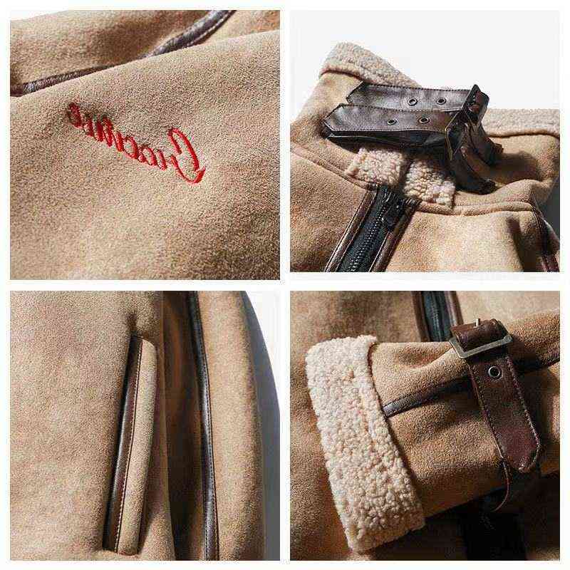 Cool Male Winter Suede Thicken Moto Bomber Jacket Coat Men Clothing Woolen Warm Outerwear Mens Teddy Coats Japanese Streetwear 211122