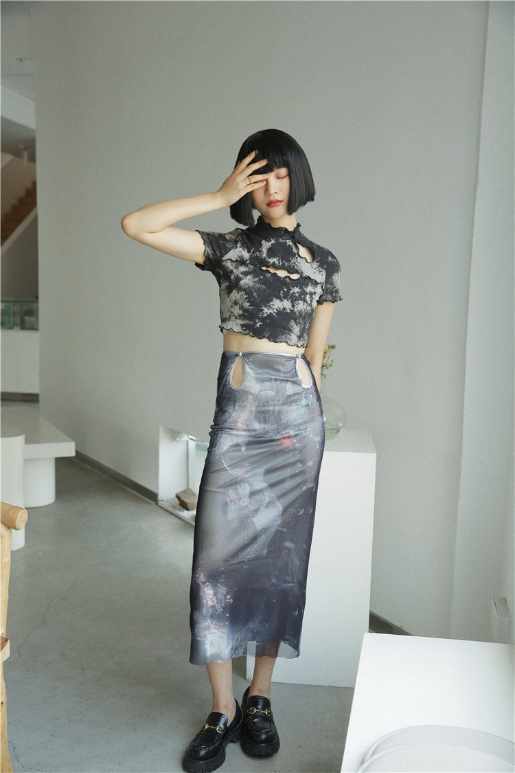 CHEERART Vintage Hollow Out High Waist Pencil Skirt Summer Print Layer Mesh Long Midi Skirt Grey Bodycon Ladies Skirt 210306