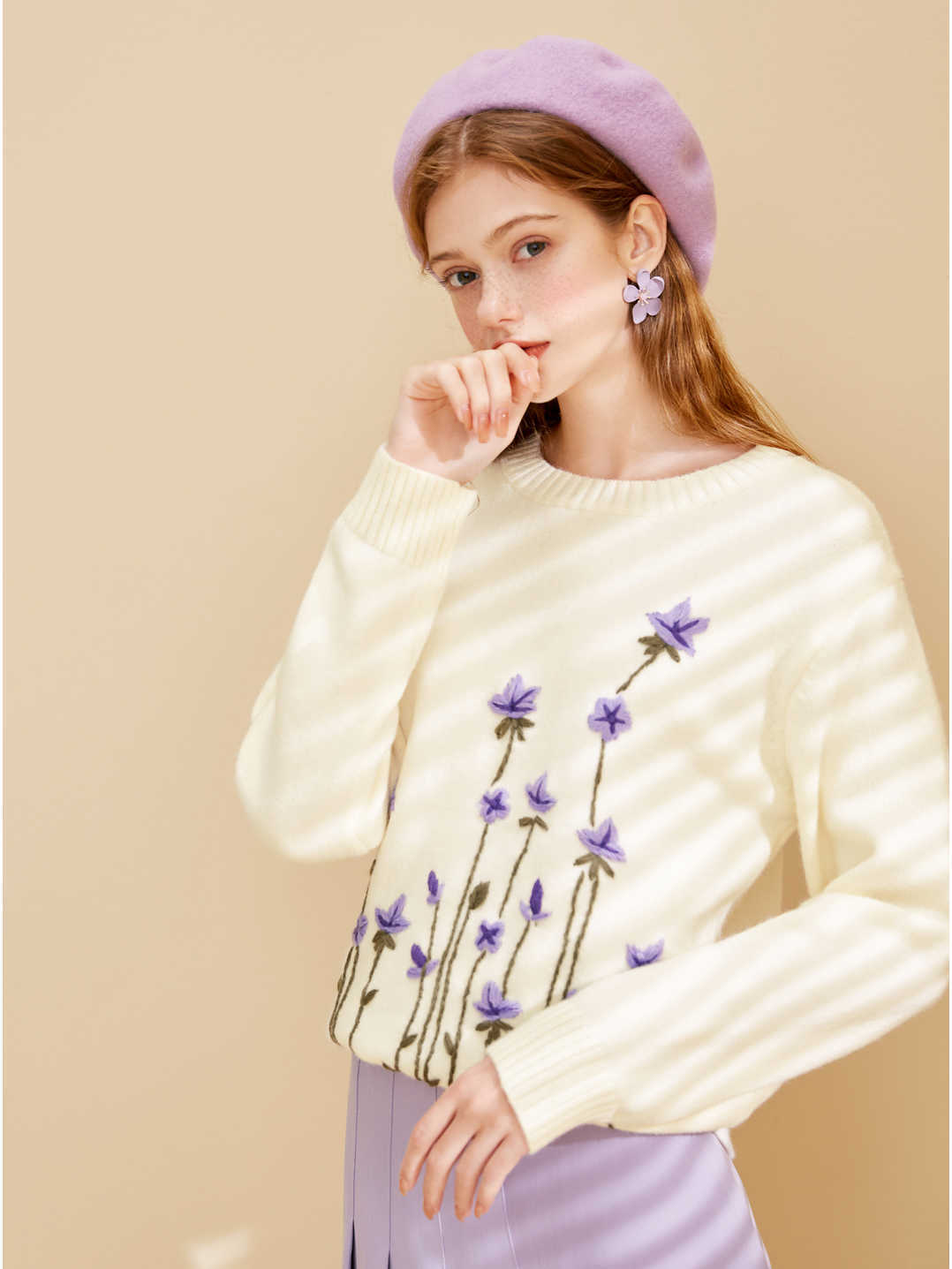 Girly Embroidery Purple Floral Pullover Sweater O-Neck Long Sleeve Fall Winter Loose Pullover C-103 210918