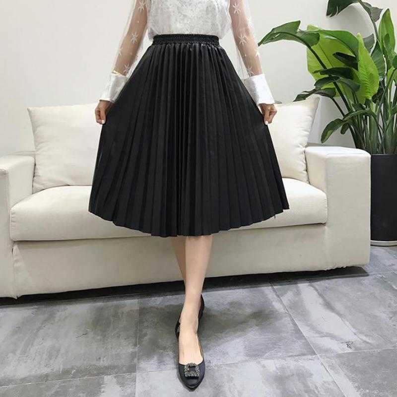 Neophil Ladies Black PU Fur Faux Leather Midi Skirt Thick Winter Pleated High Waist Vintage Mid-calf Women Longa Saia S2010 210619