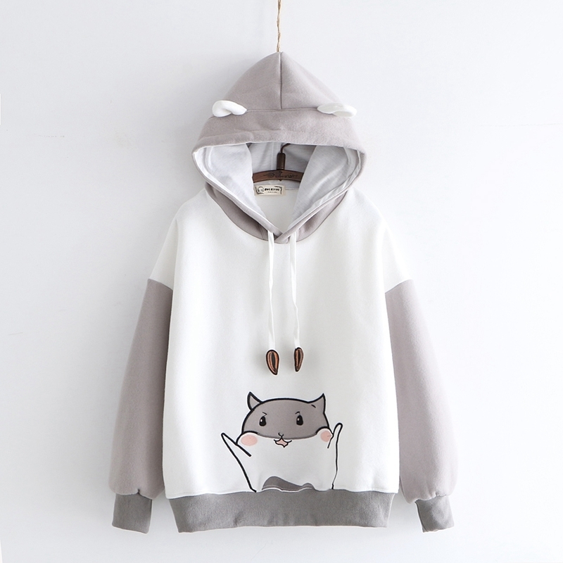 YUPINCIAGA embroidery hit color Sweatshirts Women hamster Hooded Warm Pullovers With Horns Harajuku Hooded Girls Teens Hoodies 201217