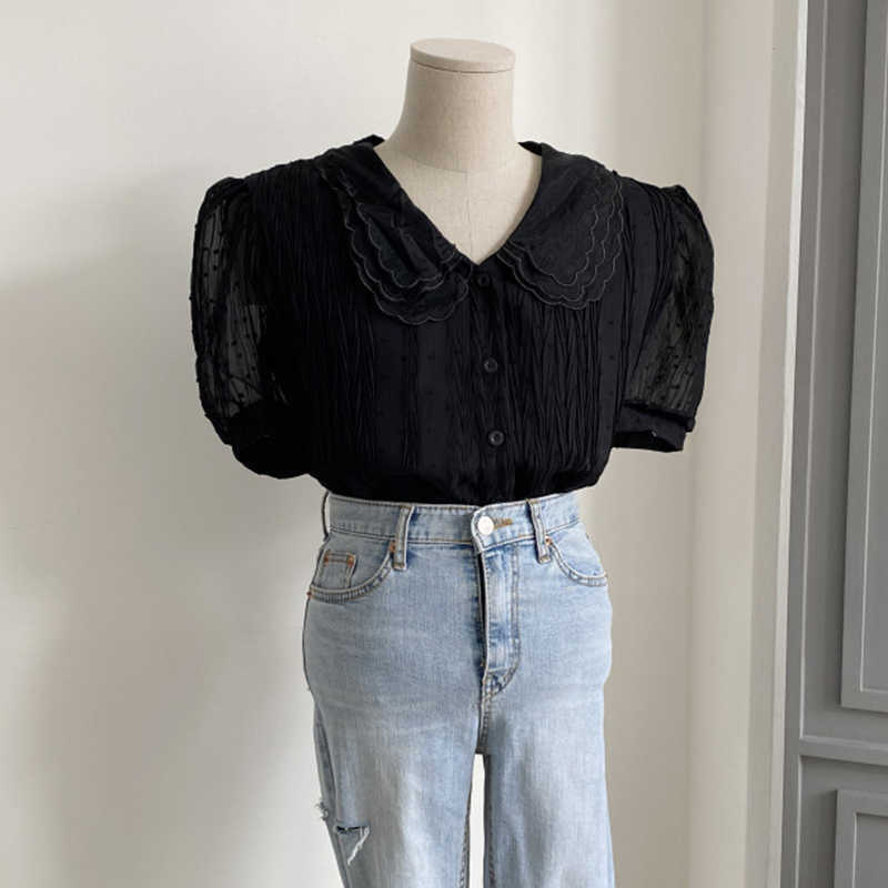 Korejpaa Women Shirt Summer Korean Gentle Doll Collar Lace Single-Breasted Three-Dimensional Jacquard Puff Sleeve Blouses 210526