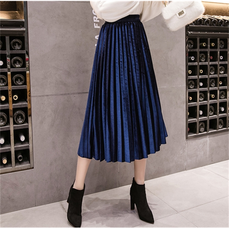 Autumn Winter Velvet Skirt High Waisted Skinny Large Swing Long Pleated Skirts Metallic Plus Size Faldas Saia Fashion Femal T200106