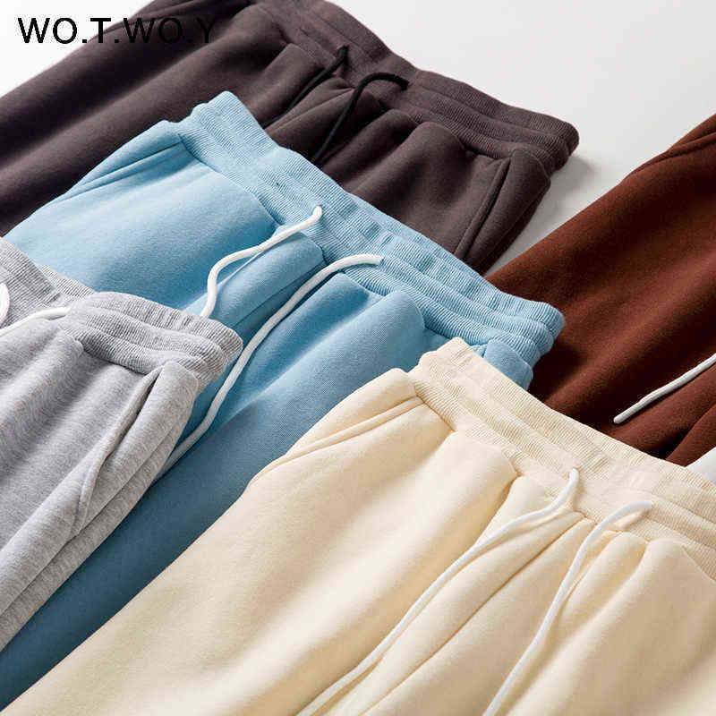 WOTWOY Winter High Waist Fleece Pencil Pants Women Solid Drawstring Thick Trousers Casual Cotton Stacked Sweatpants Femme 211115