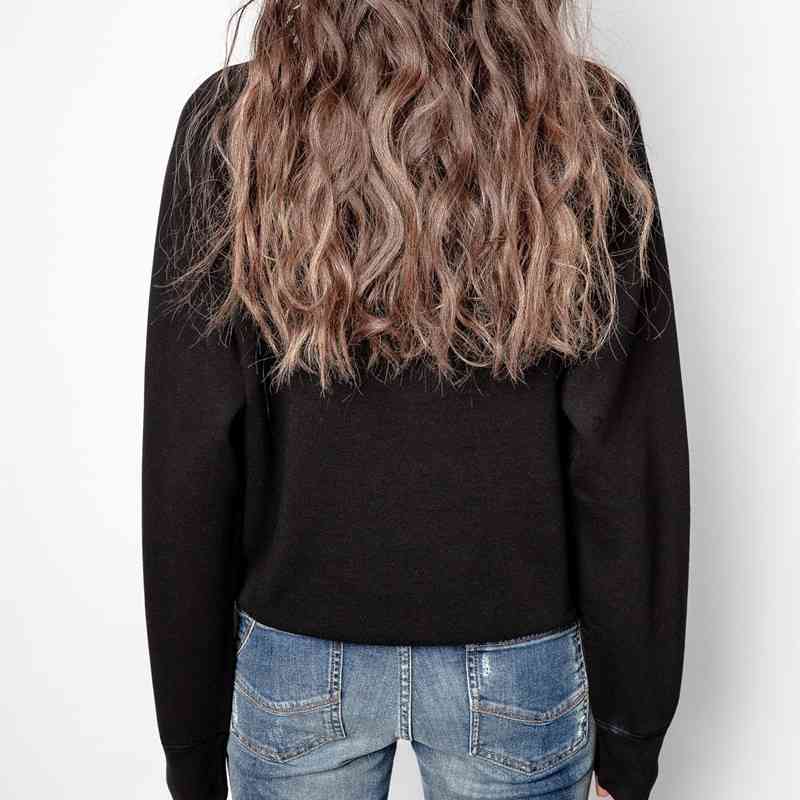 Women Black Sweatshirt Gold Letter Print 100% Cotton Spring Autumn Long Sleeve Casual Sports Clothing 210816