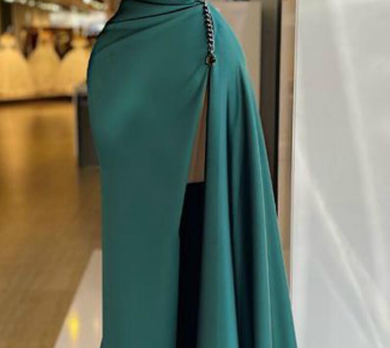 Aso Ebi 2021 Arabic Hunter Green Stylish Evening Dresses One Shoulder Prom Dresses High Split Formal Party Second Reception Gowns ZJ477
