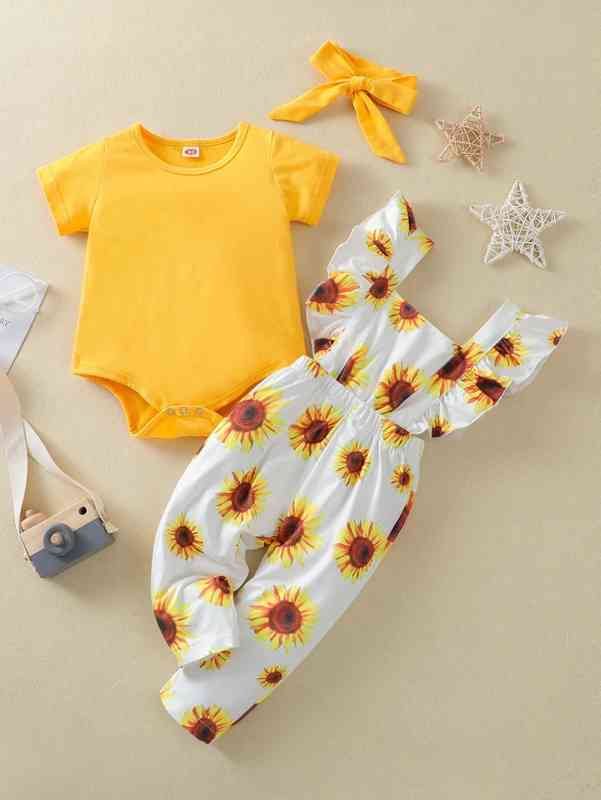 Baby Girl Bodysuit & Ruffle Floral Jumpsuit & Headband SHE