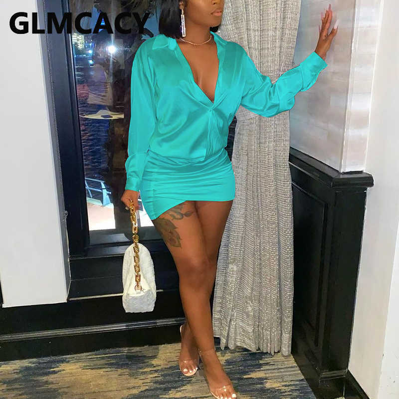 Long Sleeve Satin Bodycon Shirt Dress Elegant OL Mini Dress 210702