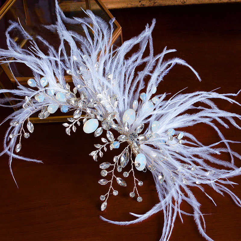 White Feather Headband Tiara Fashion Crystal Hair Clip Wedding Bridal Accessories Ornaments For Bride Party Headpiece 210707