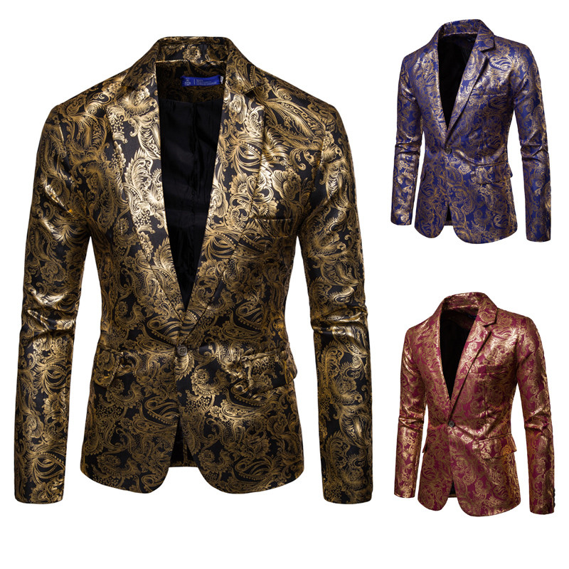 Mens Golden Floral Blazers Business Casual Suit Wedding Dress Gold Blazer