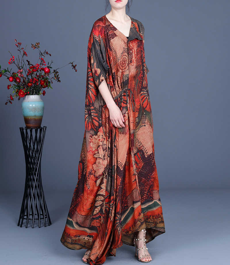 Summer Silk Irregular Drawstring Print Plus Size Retro V-Neck A Line Dresses for Women 210615Z