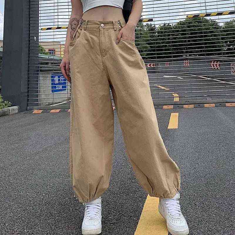 HOUZHOU Y2K Fashion Khaki Oversized Cargo Pants Hip Hop Style Loosed Adjustable Waist Drawstring Long Pant Streetwear 90s Autumn 211115