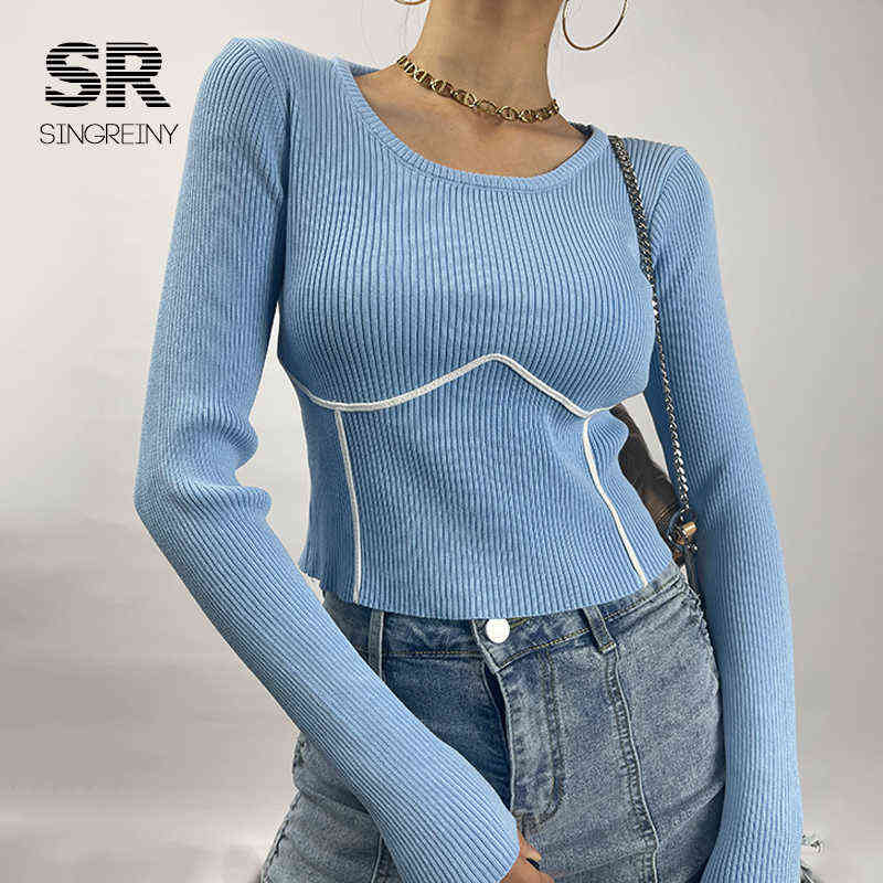SINGREINY Women Knitted Sweater Long Sleeves O Neck Solid Elastic Slim Knit Basic Tops Autumn Casual Female Pullovers 211109