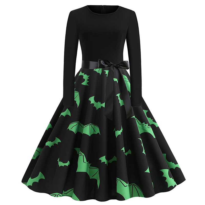 Halloween Hepburn style dress retro print big swing skirt round neck stitching hedging, Black;gray
Halloween Hepburn style dress retro print big swing skirt round neck stitching hedging, Black;gray