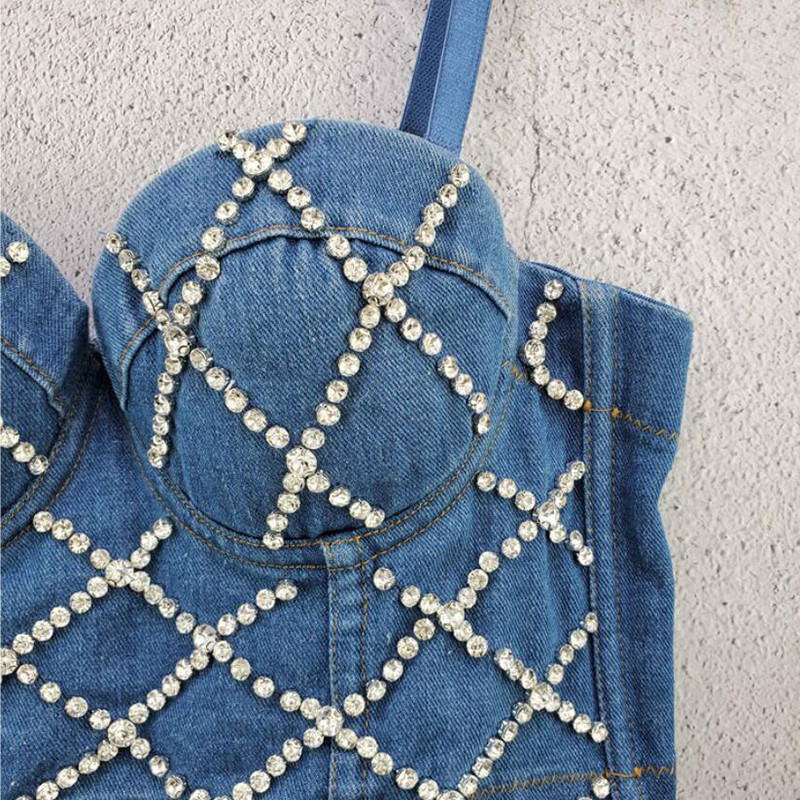 New Women Denim Caims Bustier Bra Cropped Top Sexy Vest Diamond Push Up Crop Top Tank Women Clothes Adjustable 210308