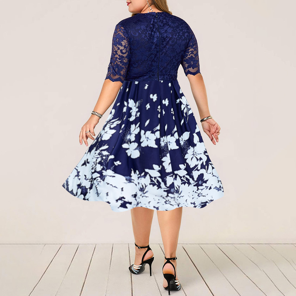 Plus Size Women Summer Dress Patchwork Flower Large Size Evening Party Lady Midi Dress Sexy Lace Calf Elegant Female Dress D20 210309