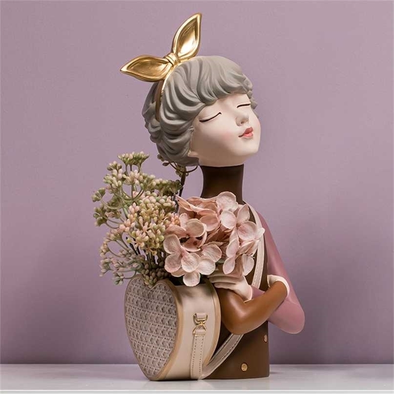 Home Decoration,Girl Figurine Miniature,Figure Statue,Flower Vase,Sculpture,Modern Table Decor,Living Room,Decorative,Desk Art 211108