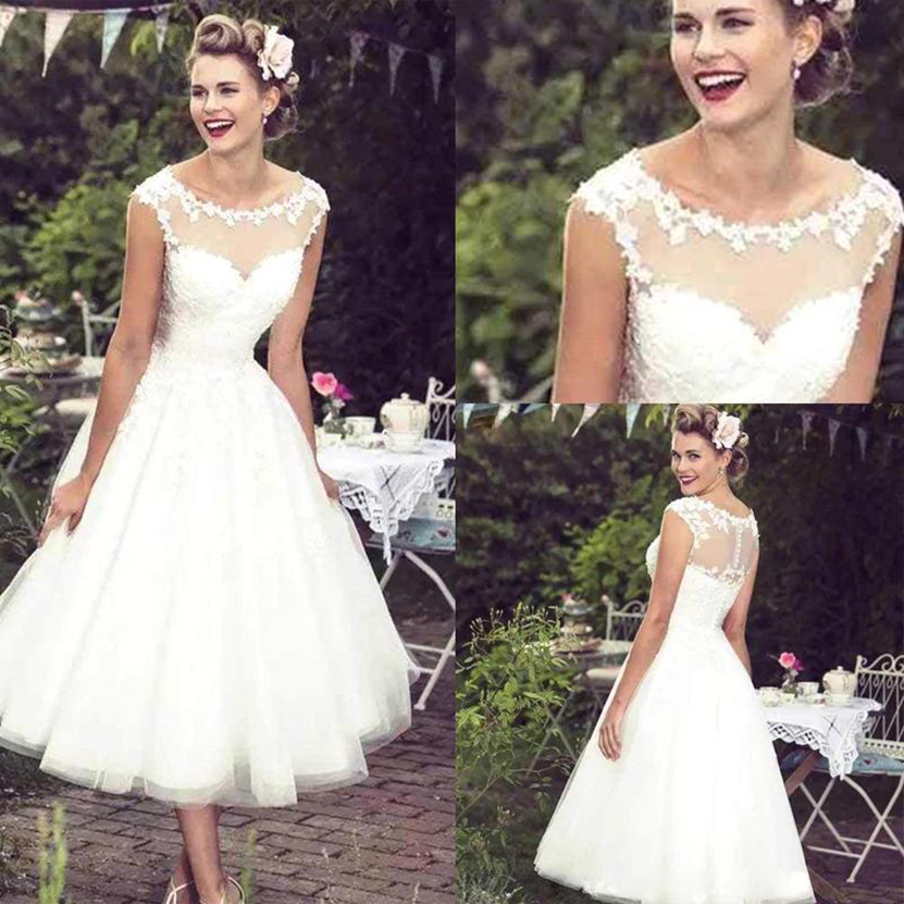 2022 Vintage Lace Short A E O Neck Sheer Tulle Applique Tea Length Wedding Dresses Bridal Gowns Robe De Mariee Bc2991 Lz0304