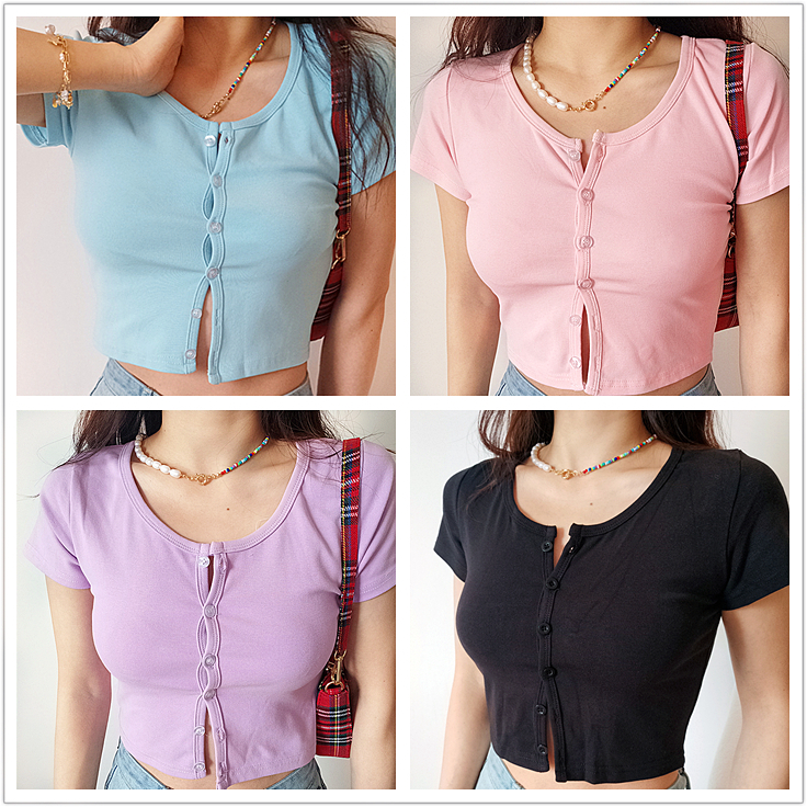 Women Scoop Neck Button Down Candy-colored Crop Tee 210306