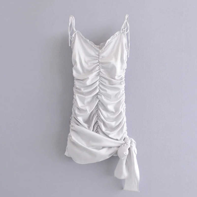 DEAT Spring Arrivals Square Collar Sleeveless Silk Face Lace Pleated Irregular Suspender Lotus Leaf Dress MZ167 210709