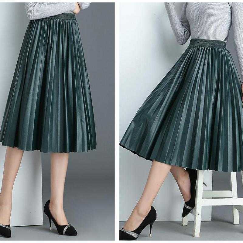 Neophil Ladies Black PU Fur Faux Leather Midi Skirt Thick Winter Pleated High Waist Vintage Mid-calf Women Longa Saia S2010 210619
