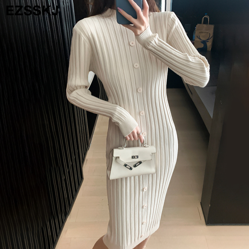 button straight autumn winter Women thick long Sweater dress robe Knitted Sweaters maxi dress Female slim dress 201008