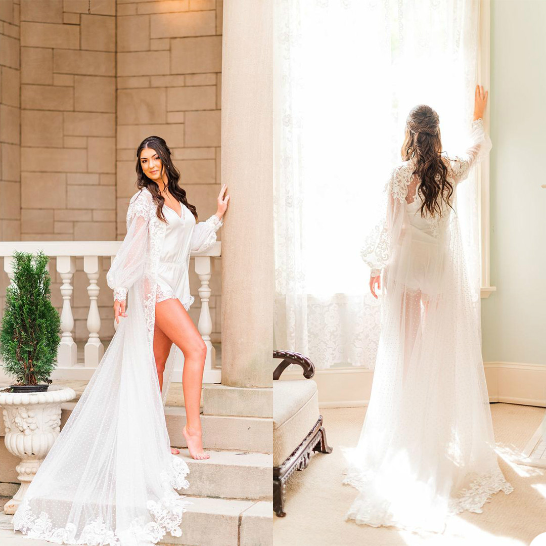 Lace Women Sleepwear Robes Ladyies Sexy Illusion Kimono Pregnant Prom Nightrobes Bathrobe Appliques Nightgown Bridesmaid Nightwear