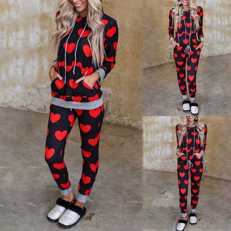 Homewear Women Spring Fall Red Heart Print Front Pocket Pullover Tops+Drawstring High Waist Pencil Pants Ensemble Pantalon Femme 210604