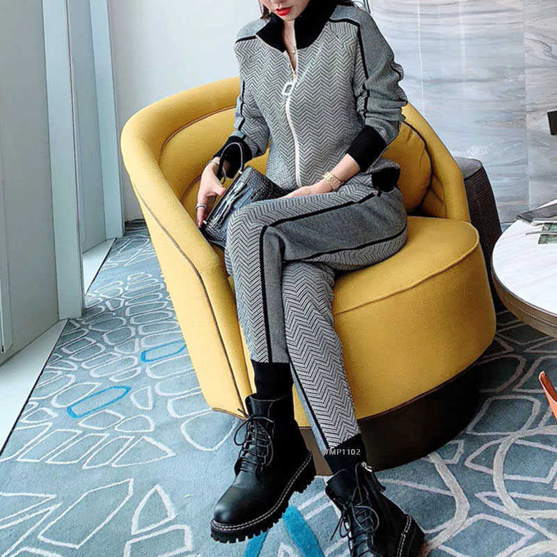 Autumn New Women Geometric Knitting Tracksuit Zipper Cardigans jacket+ Pants Female Winter Fashion Design 2pcs Sports Set TZ48 Y0625
